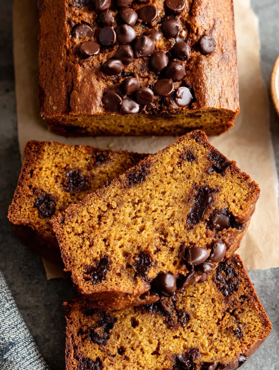 A slice of pumpkin chocolate chip bread.