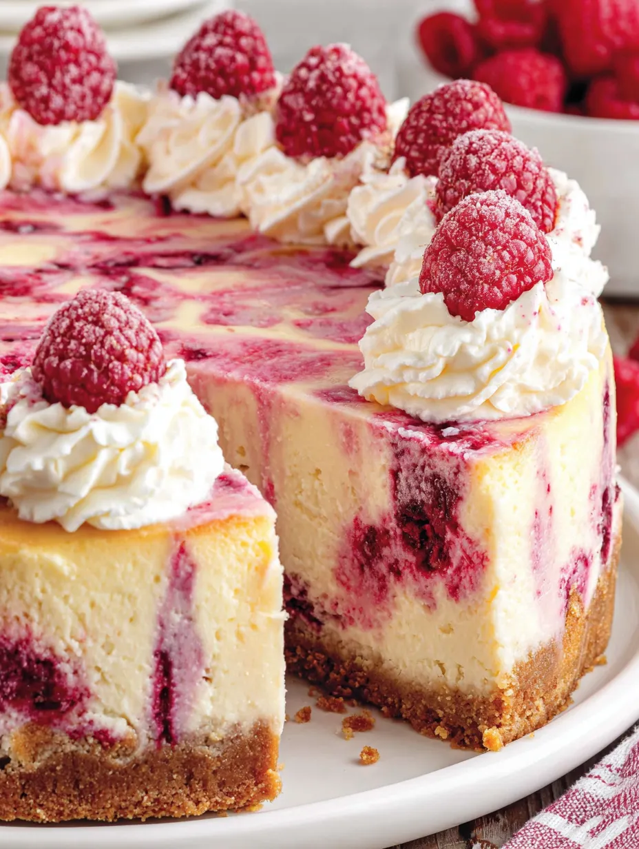 A slice of white chocolate raspberry cheesecake.