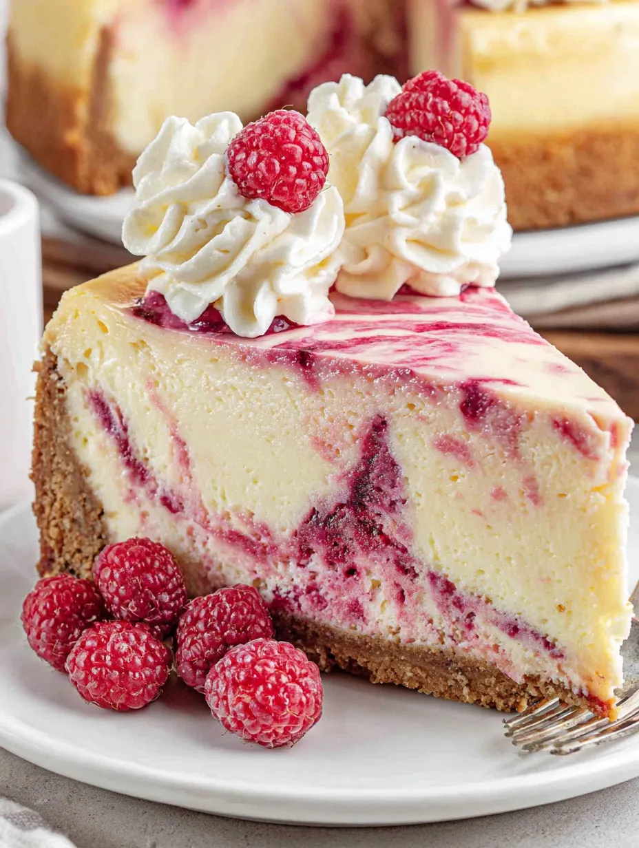 A slice of white chocolate raspberry cheesecake.