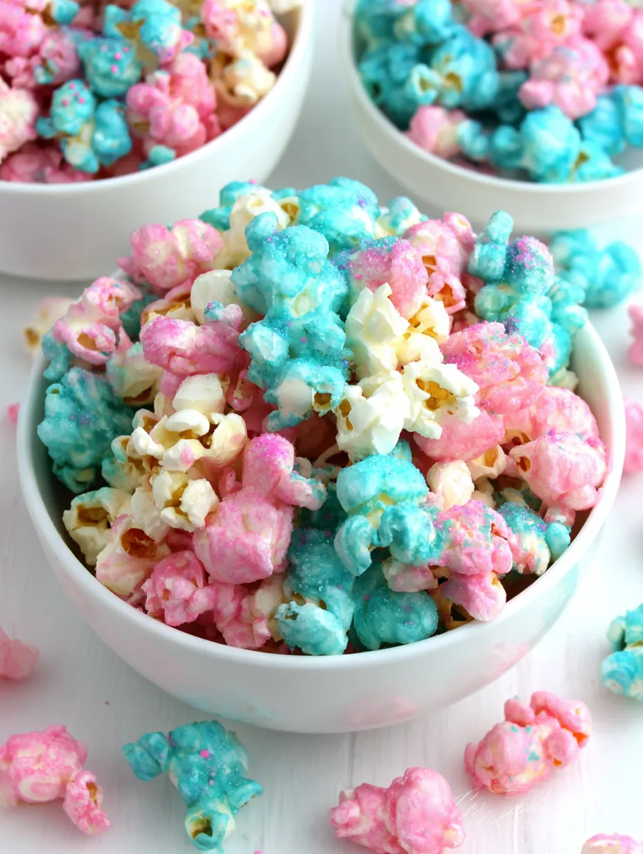 A bowl of popcorn with blue, pink, and white colors.