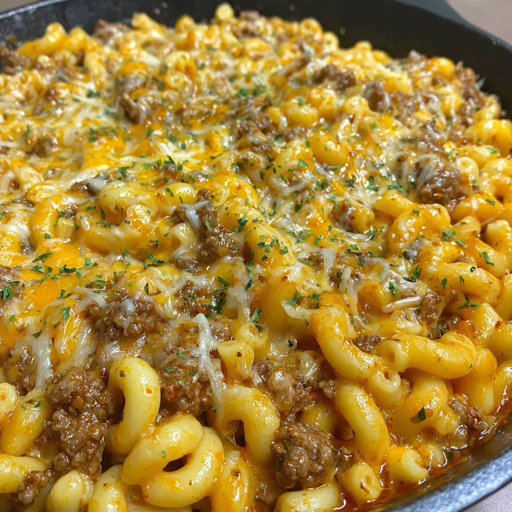 A close up of a cheesy hamburger helper.