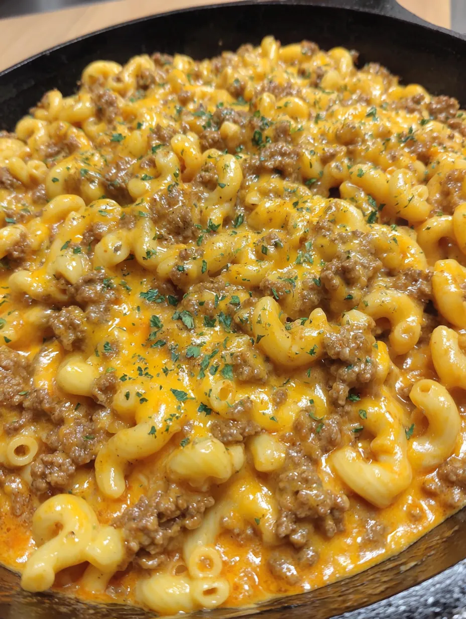 A close up of a cheesy hamburger helper.