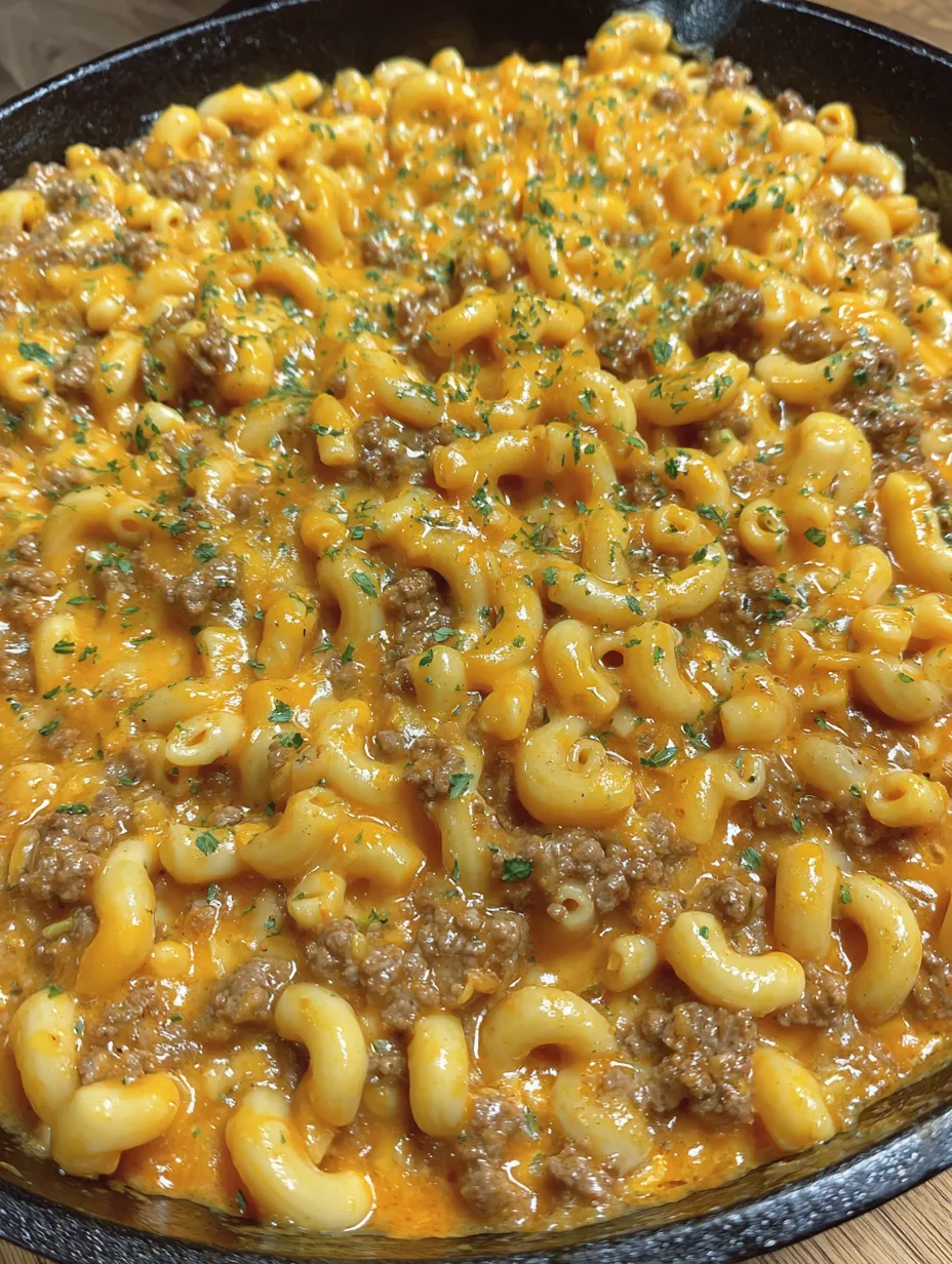 A close up of a cheesy hamburger helper.