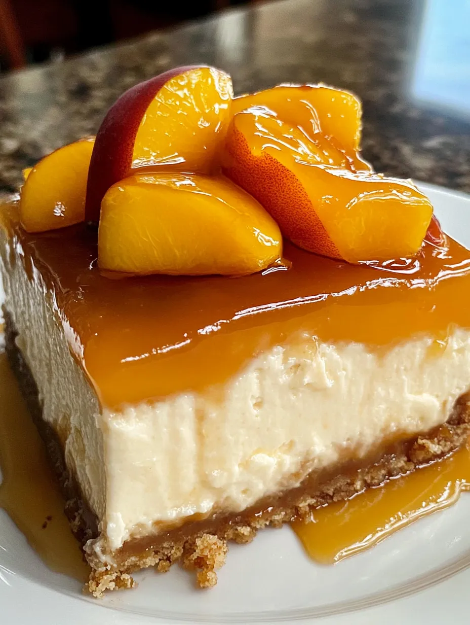 A slice of peach cobbler cheesecake.