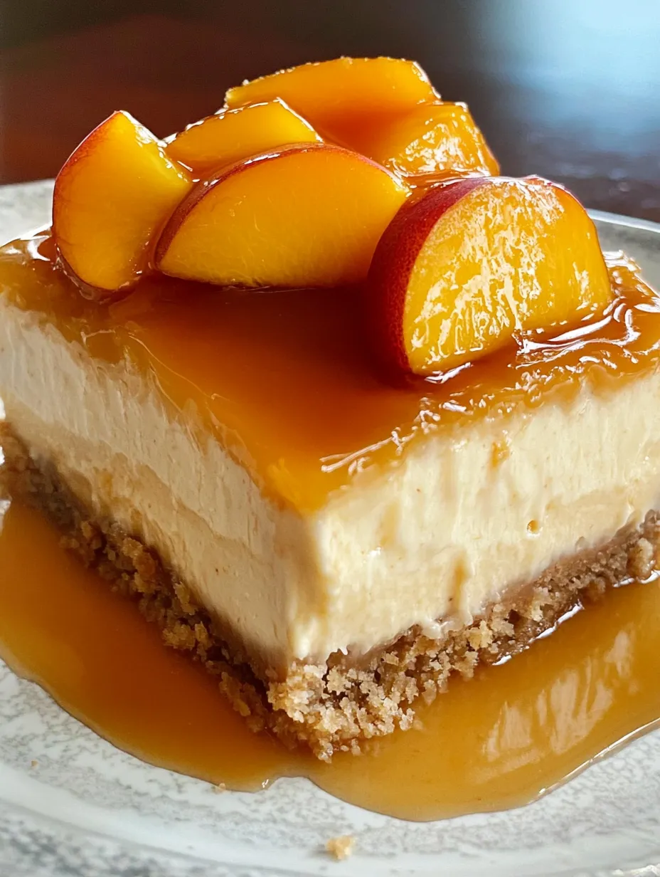 A slice of peach cobbler cheesecake with peaches on top.