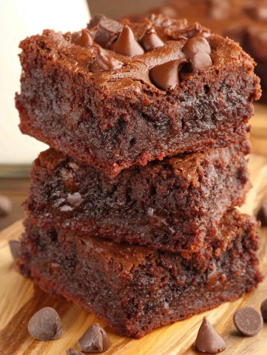 Three stacked chocolate chip brownies.