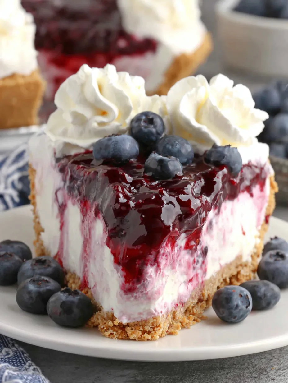 A slice of blueberry cream cheese pie.