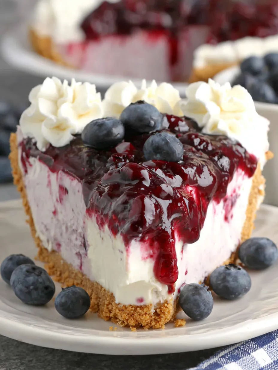 A slice of blueberry cream cheese pie.