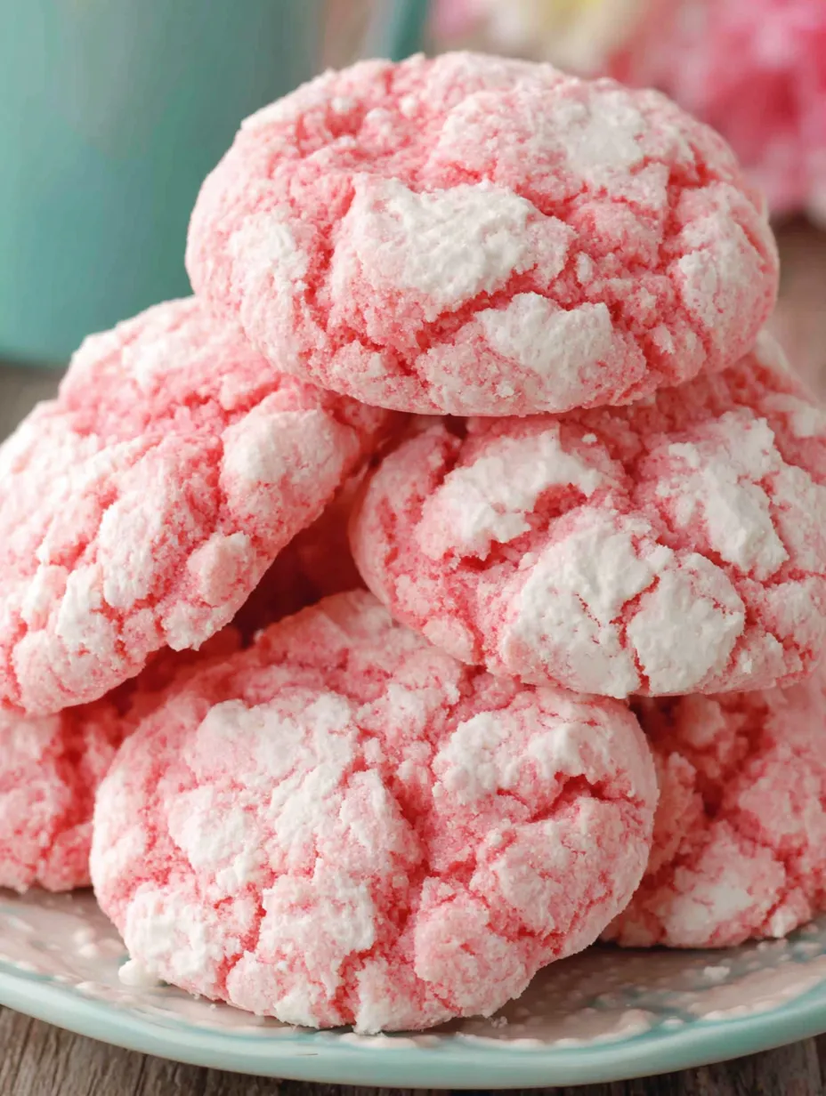 A stack of pink and white cookies.