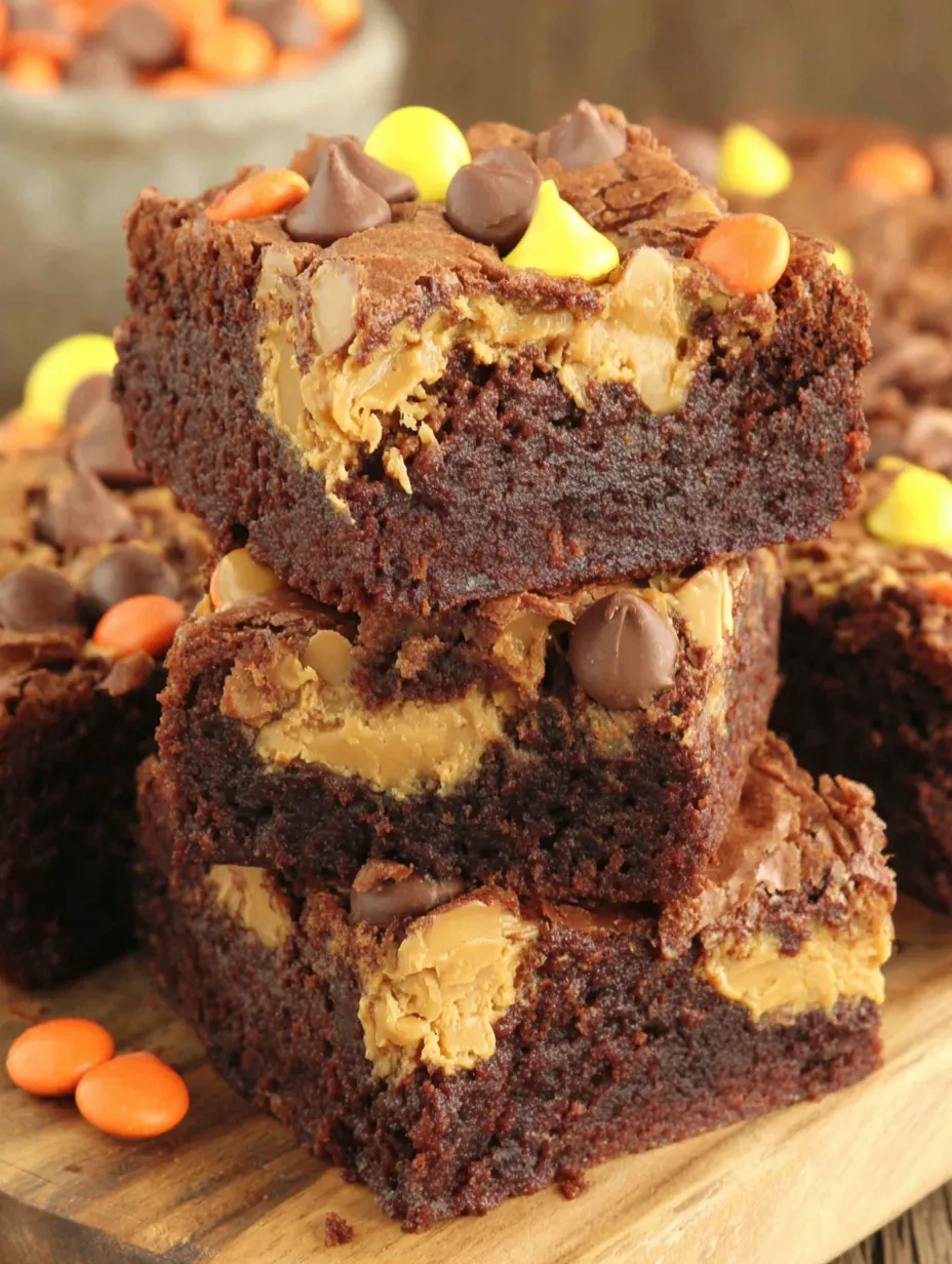 A stack of chocolate brownies with peanut butter and chocolate chips.