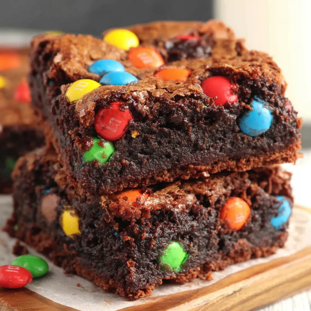 A close up of a brownies with M&Ms on top.