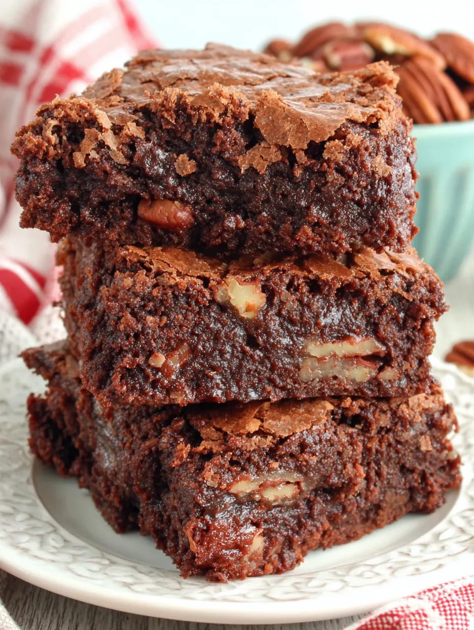 A stack of brownies on a plate.