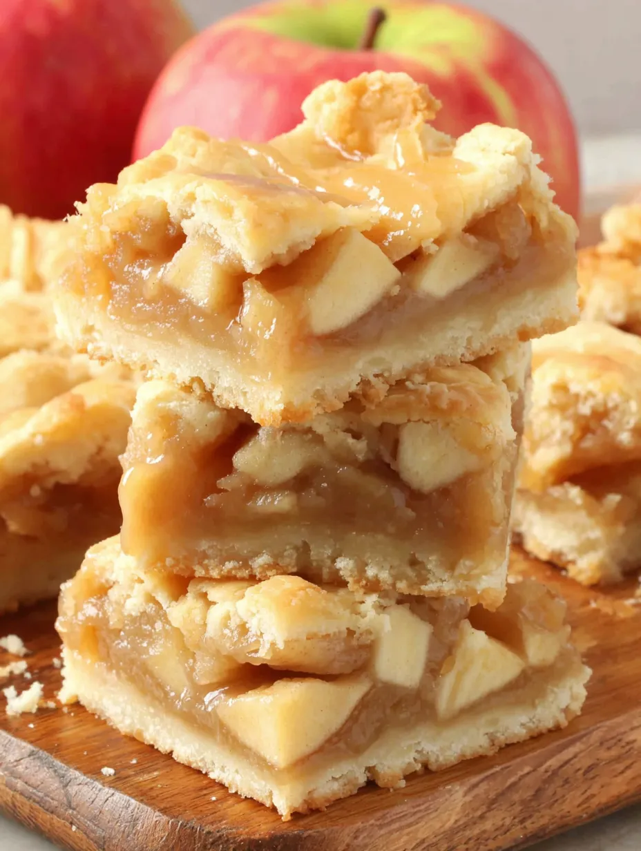 Homemade apple bars stacked on a wooden table.