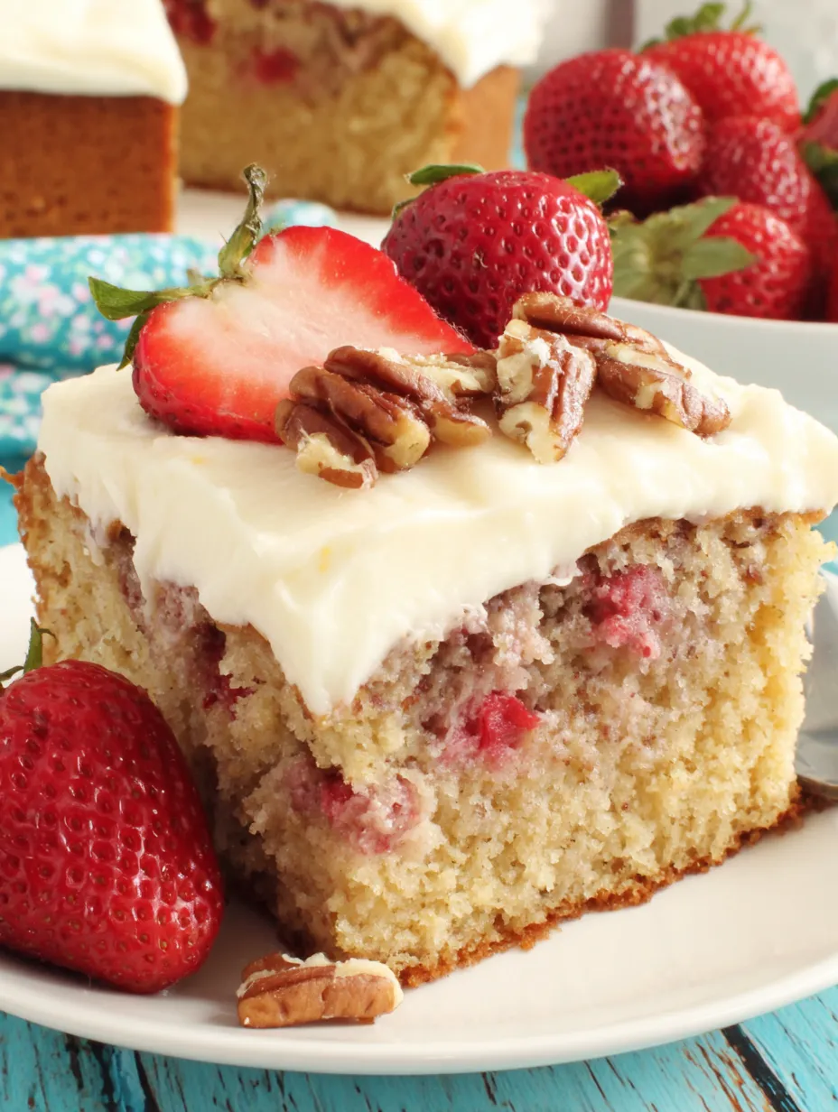 A slice of strawberry banana cake with a strawberry on top.