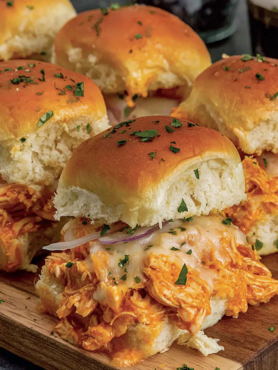 A plate of spicy buffalo chicken sliders.