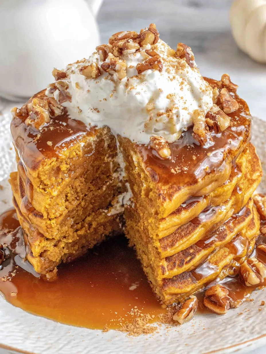 A stack of pumpkin pancakes with syrup drizzled on top.