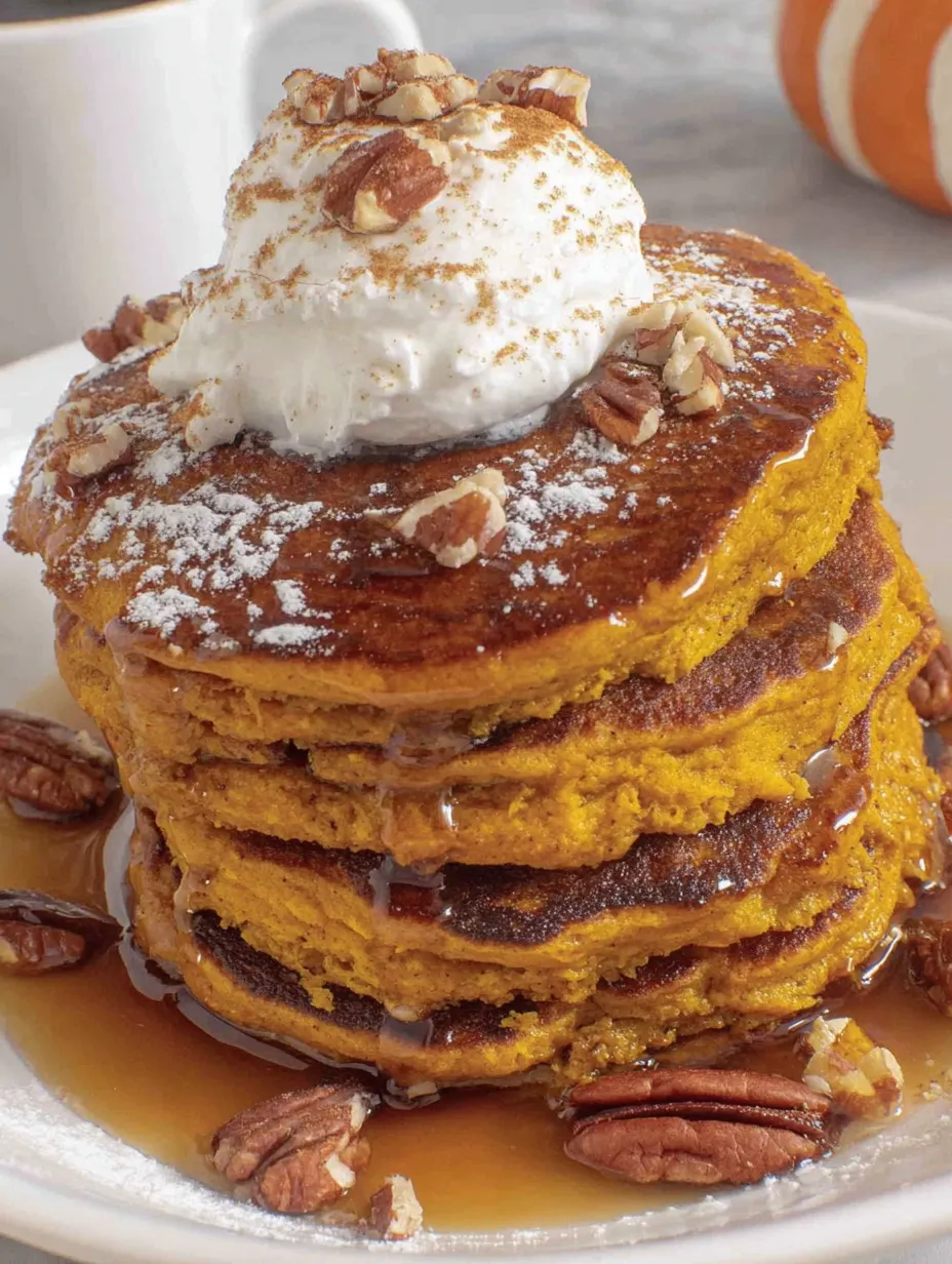 A stack of pumpkin pancakes with a dollop of whipped cream on top.