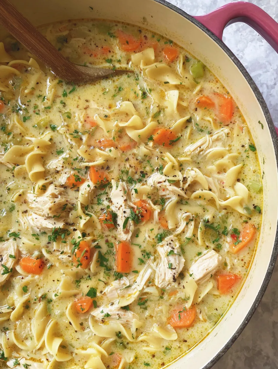 A bowl of creamy chicken noodle soup.