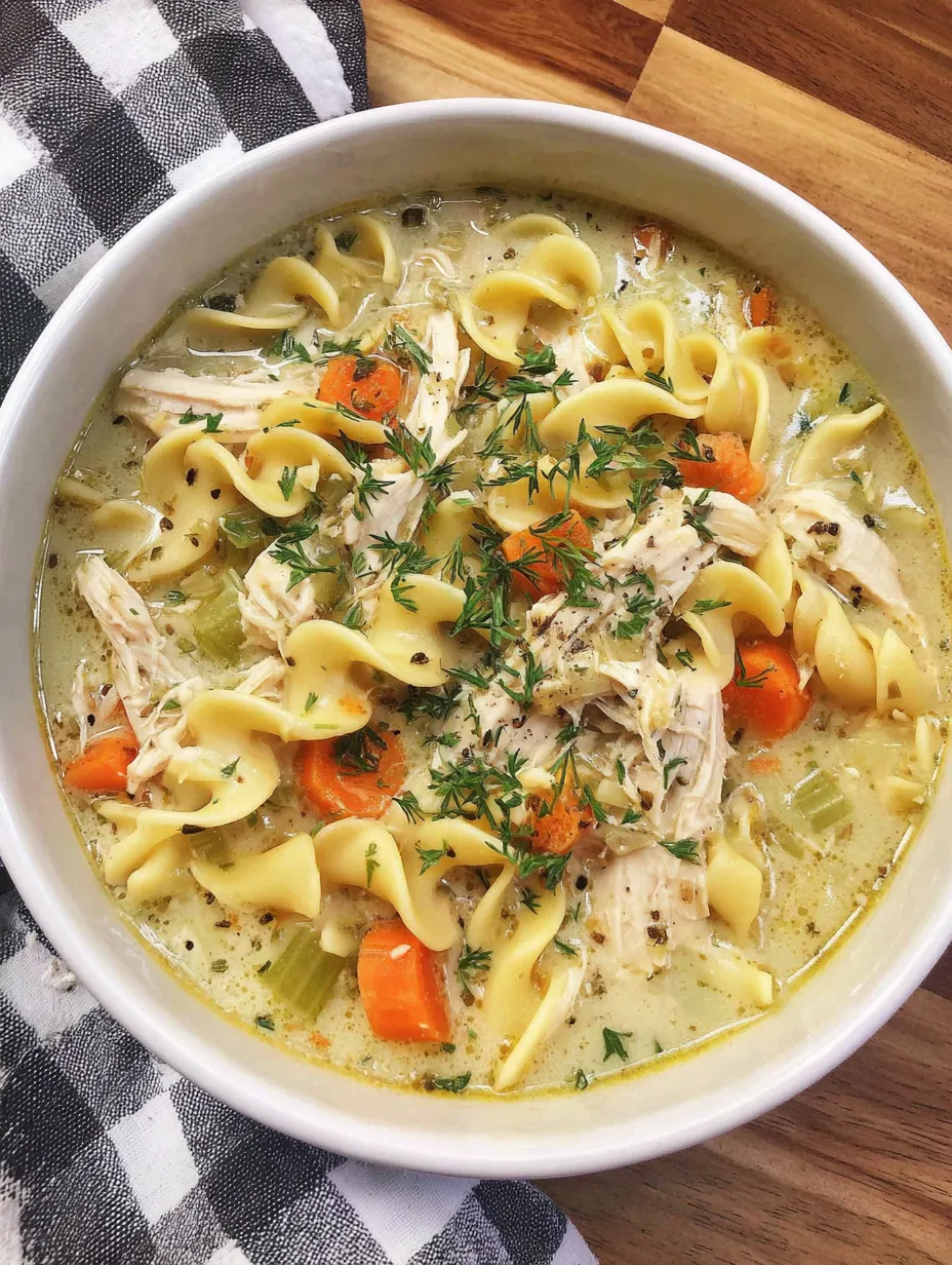 A bowl of creamy chicken noodle soup.