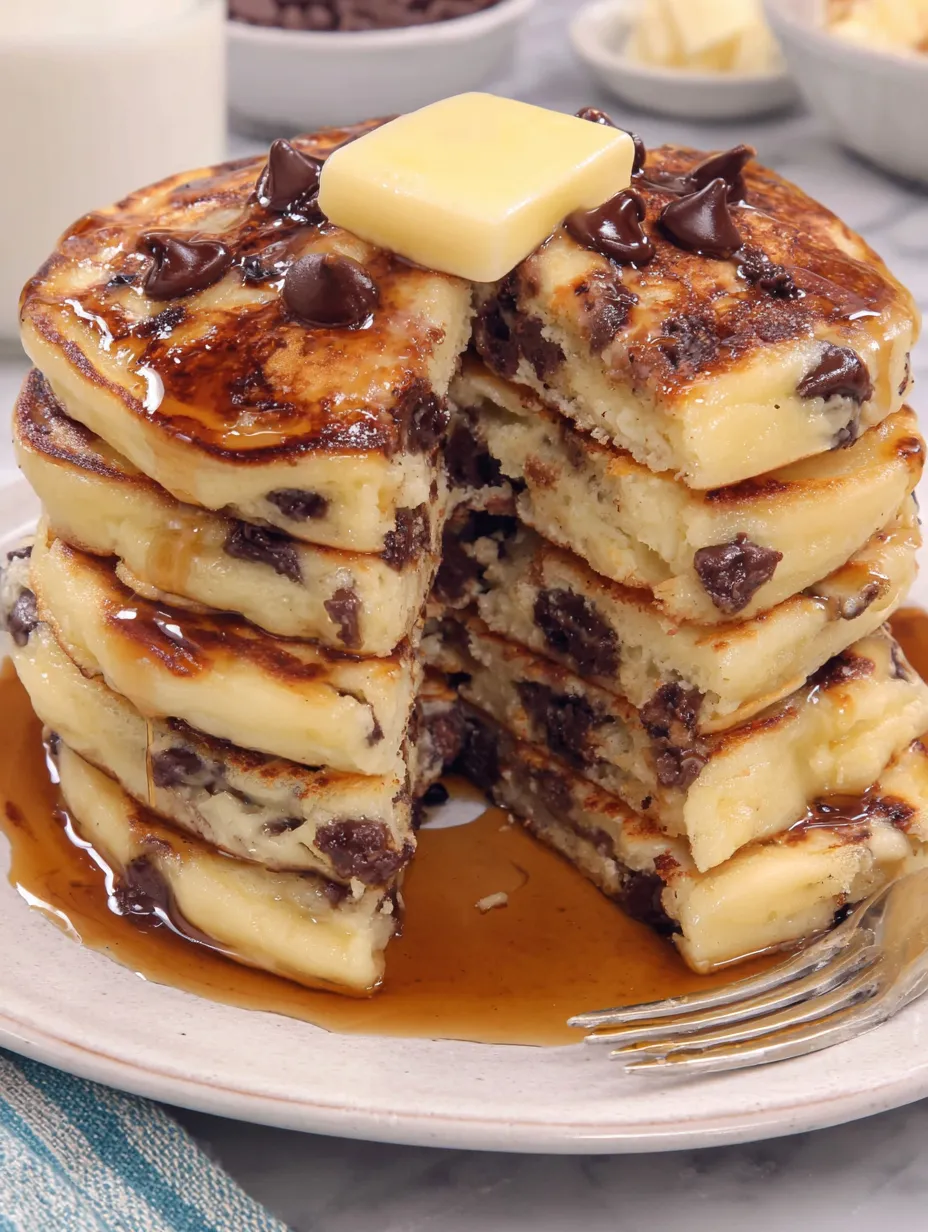 A stack of chocolate chip pancakes.