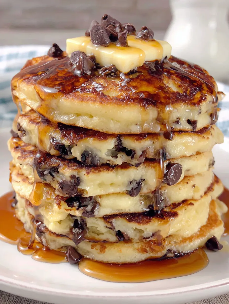 A stack of chocolate chip pancakes with syrup drizzled on top.