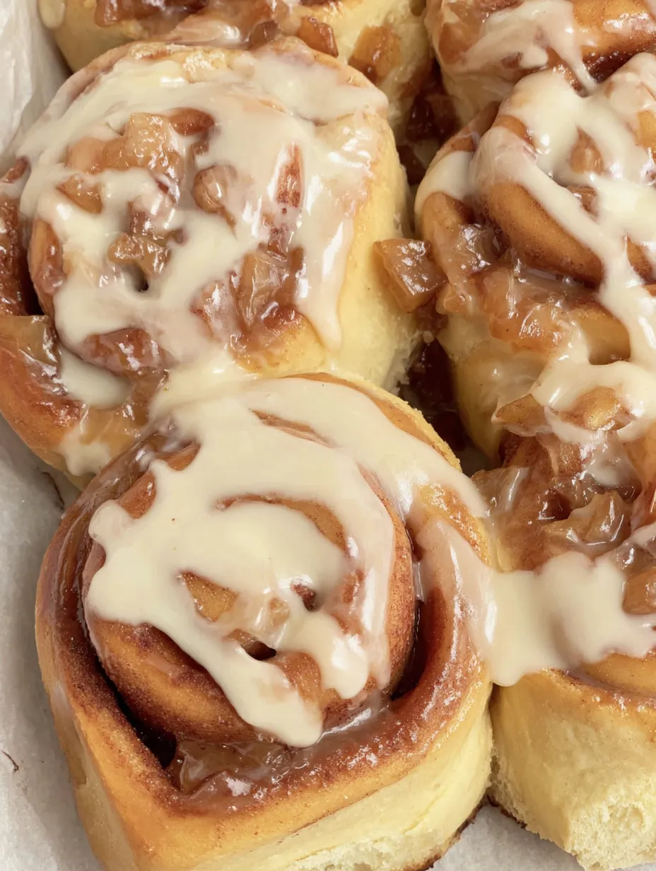 Three apple cinnamon rolls with icing.