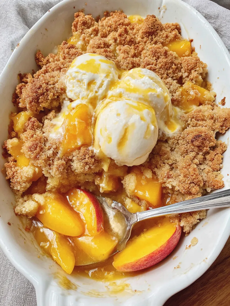 A bowl of peach cobbler with a spoon in it.