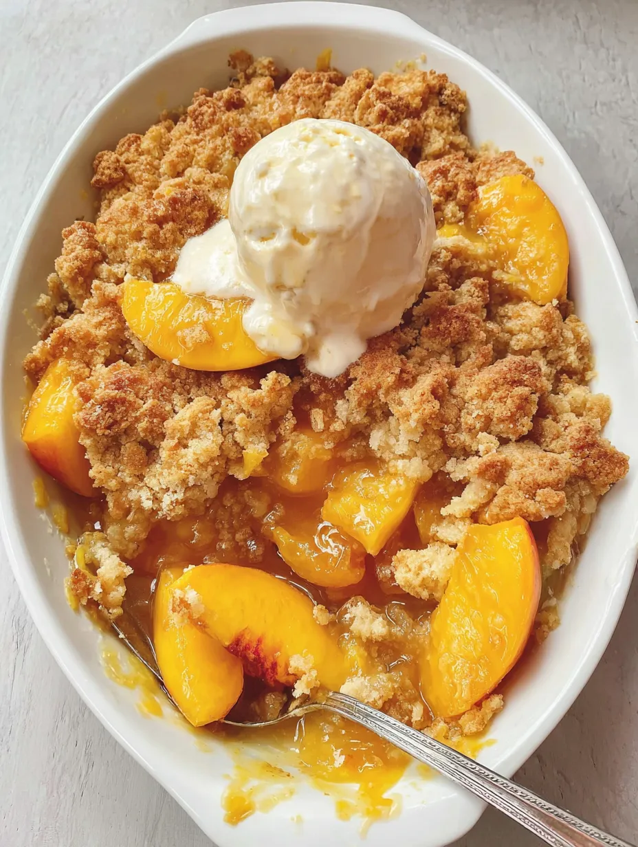 A bowl of peach cobbler with a scoop of ice cream on top.