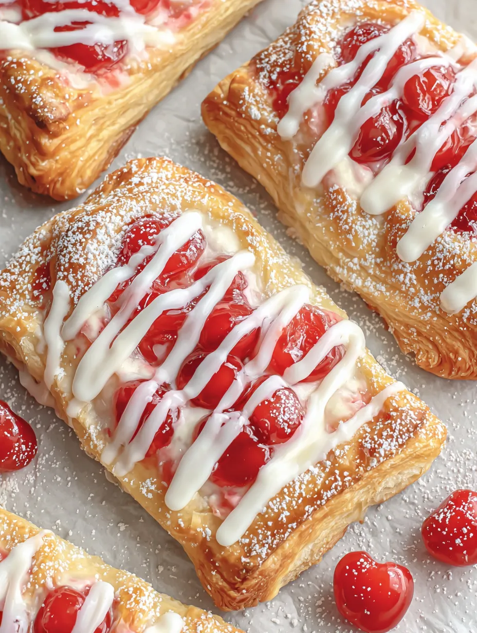 A pastry with white frosting and cherries.