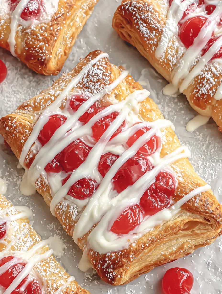 A pastry with white icing and cherries on top.