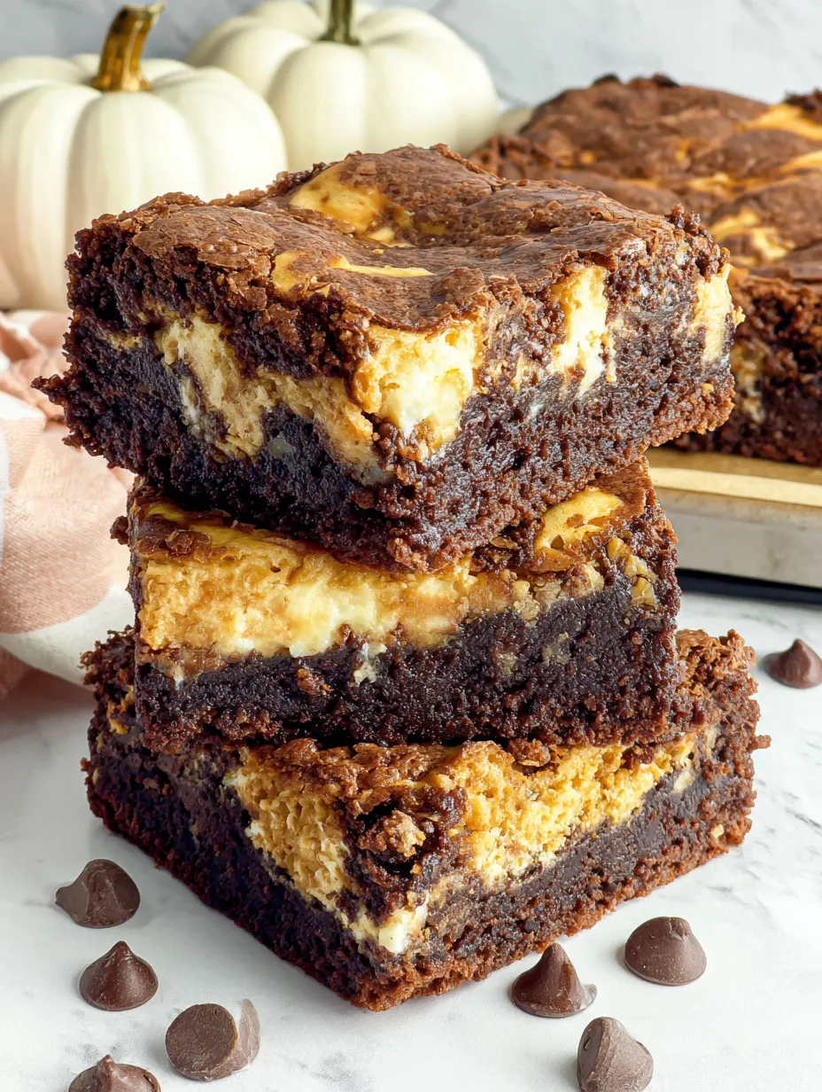 Three pieces of pumpkin cheesecake brownies.