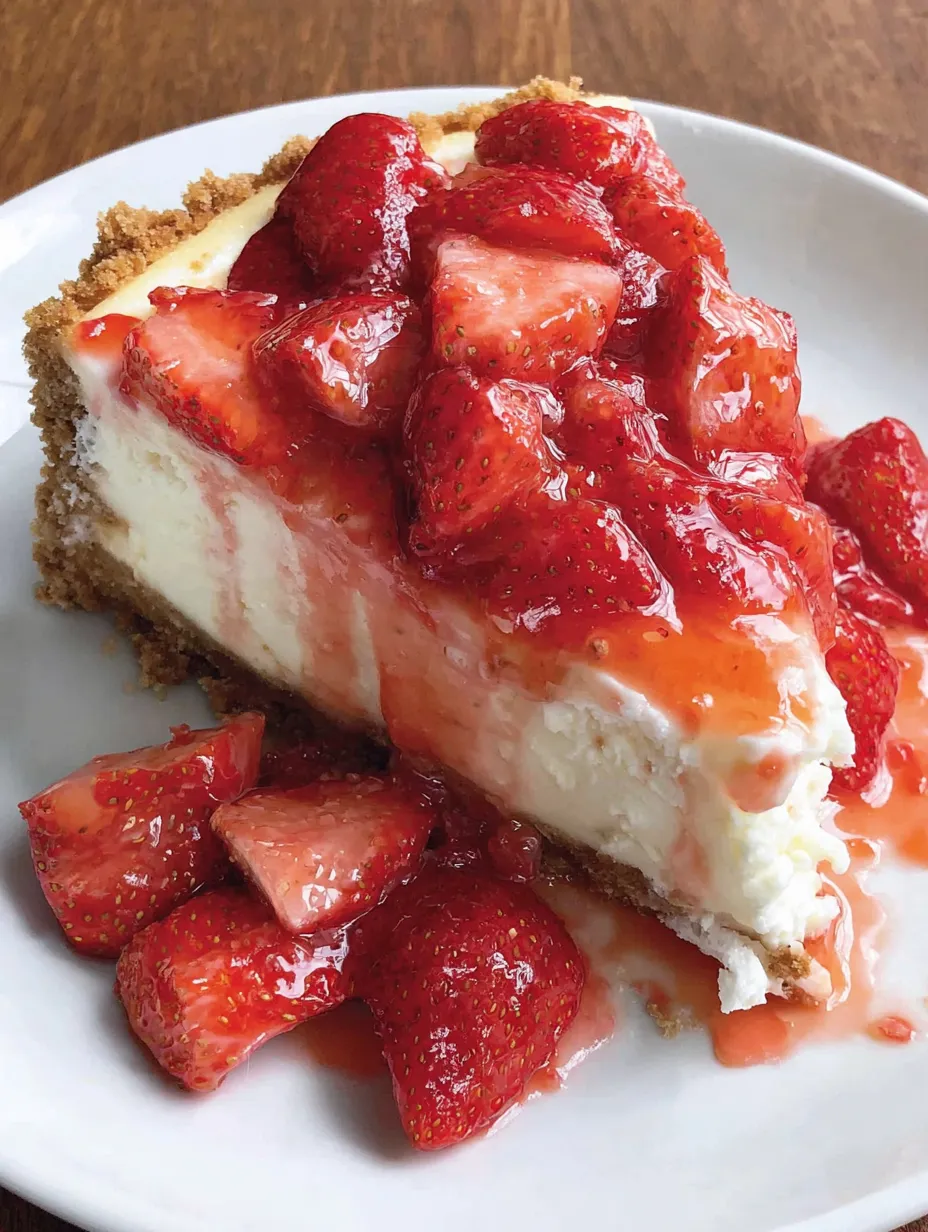 A slice of strawberry cheesecake on a plate.
