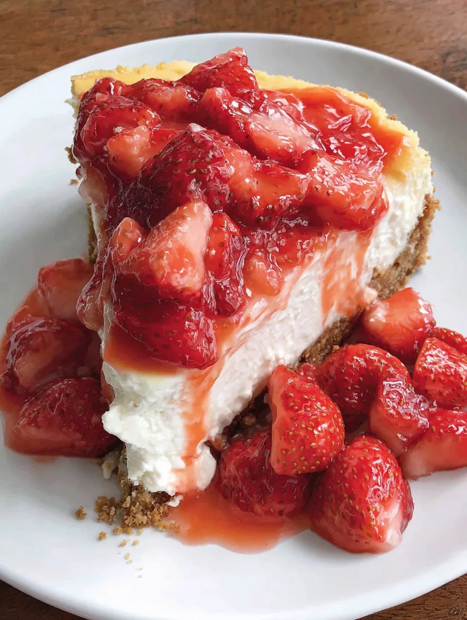 A slice of strawberry cheesecake on a plate.