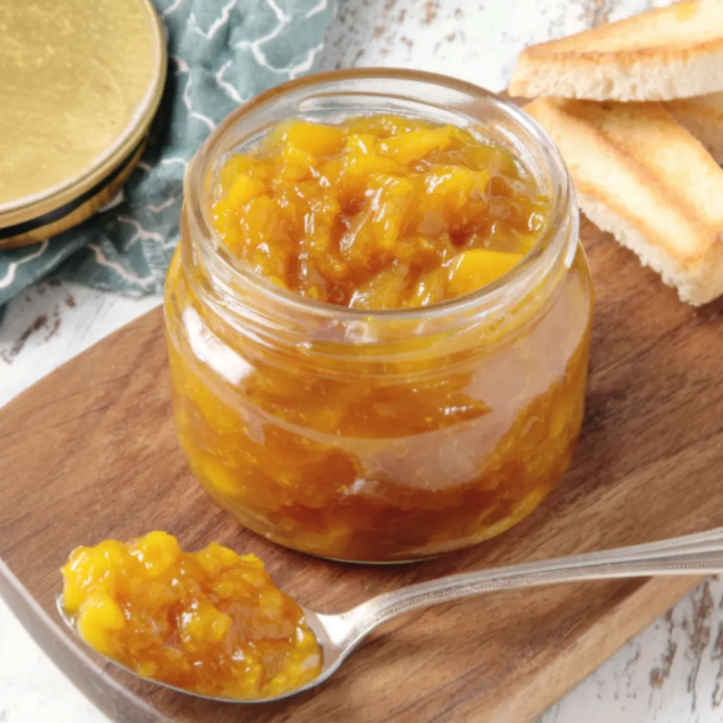 A jar of homemade mango jam.