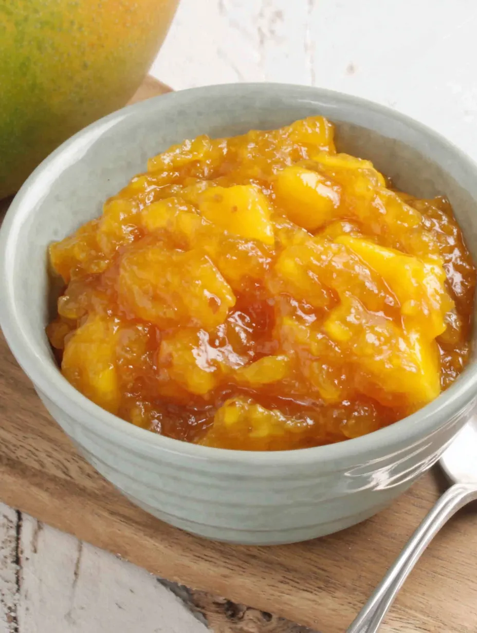 A bowl of homemade mango jam.