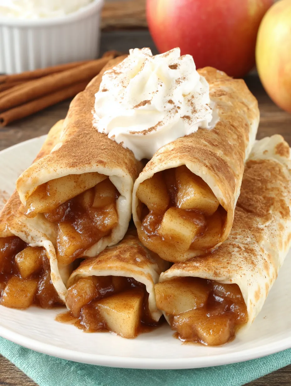 A plate of homemade apple wraps with cinnamon and whipped cream.