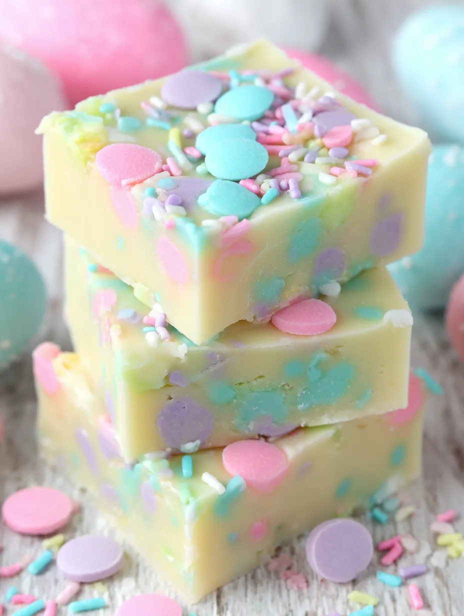 A stack of three colorful Easter fudge cakes.