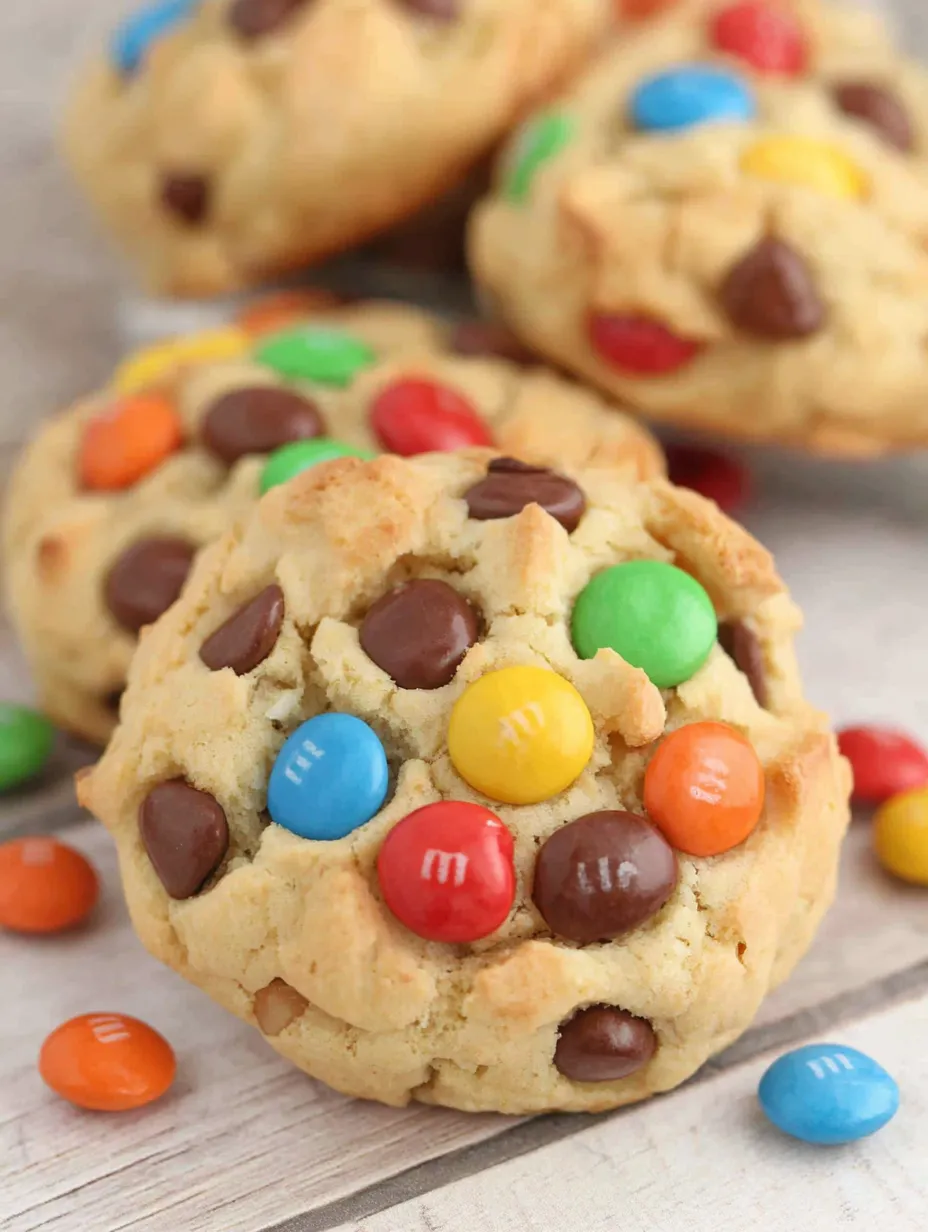 A close up of a cookie with M&amp;M's and chocolate chips.