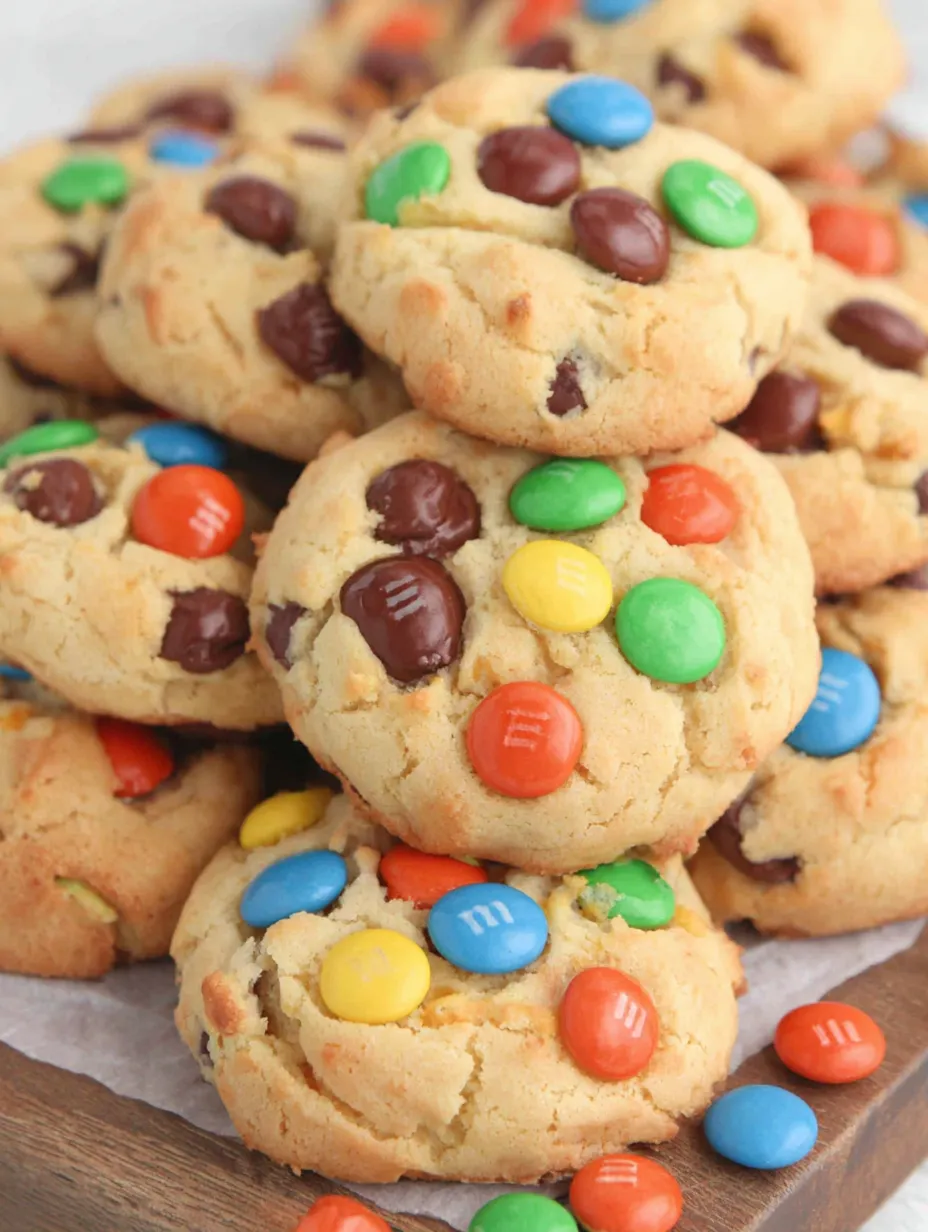 A stack of cookies with different colored candies on top.