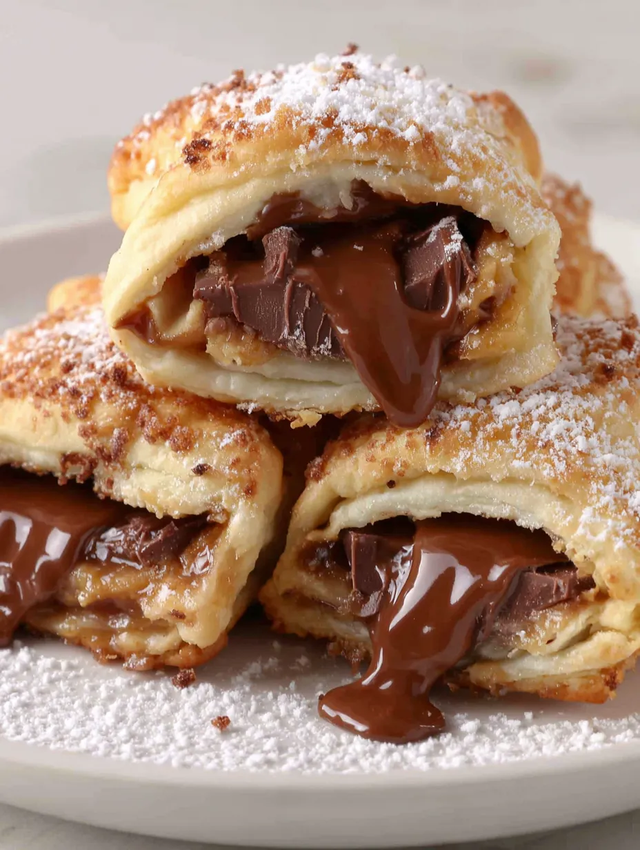 A stack of Snickers pastries with chocolate drizzled on top.