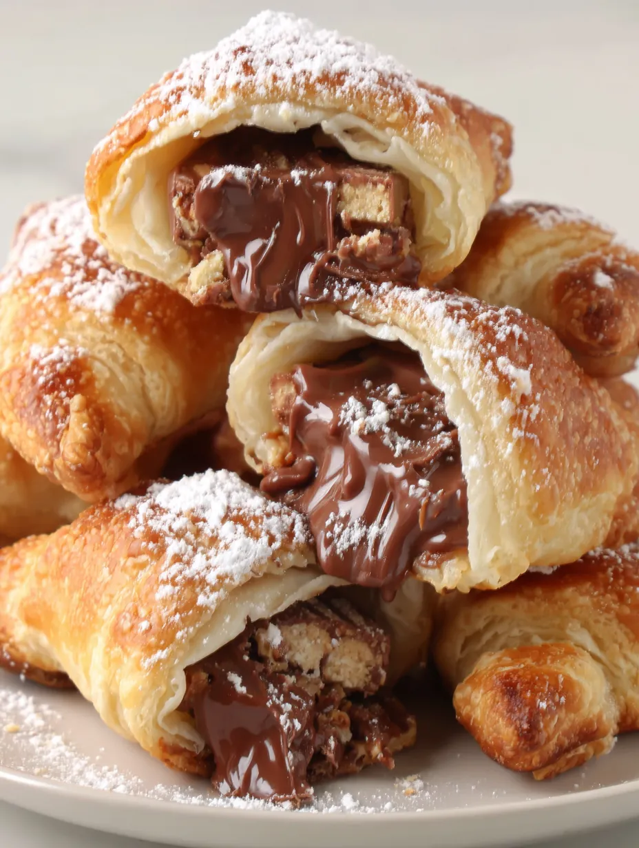 A stack of Snickers pastries with chocolate drizzle.