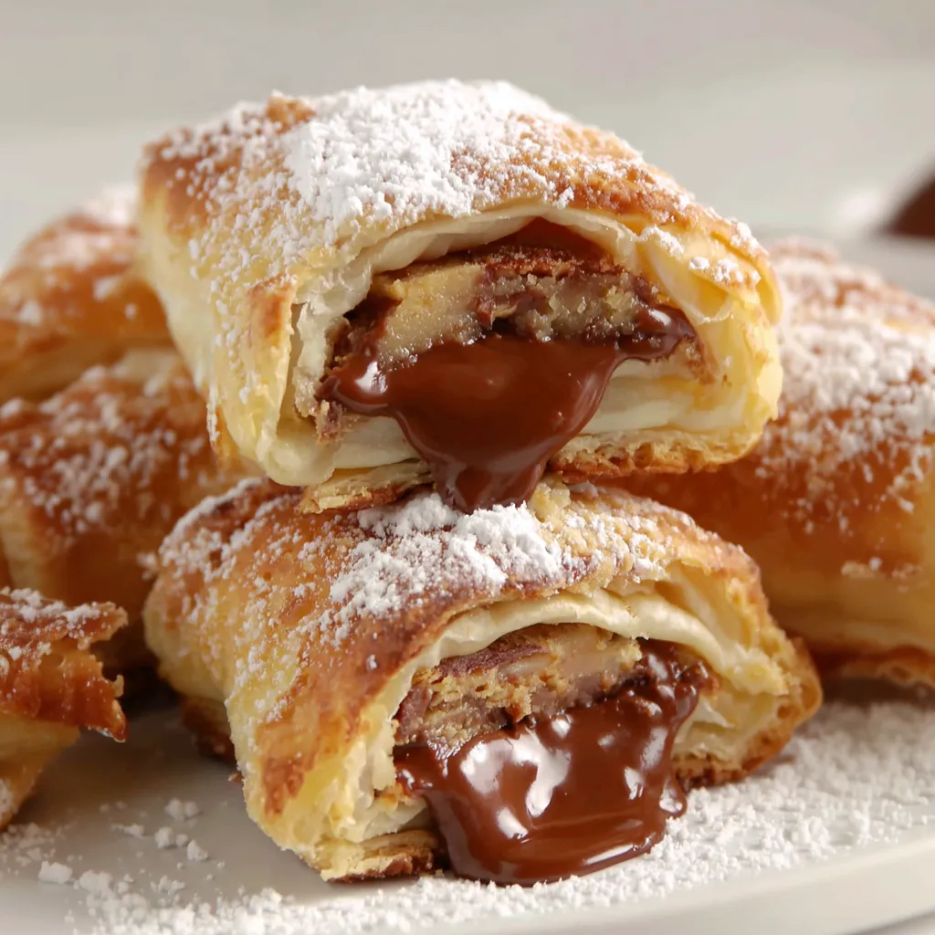 A plate of Snickers pastries with chocolate drizzled on top.