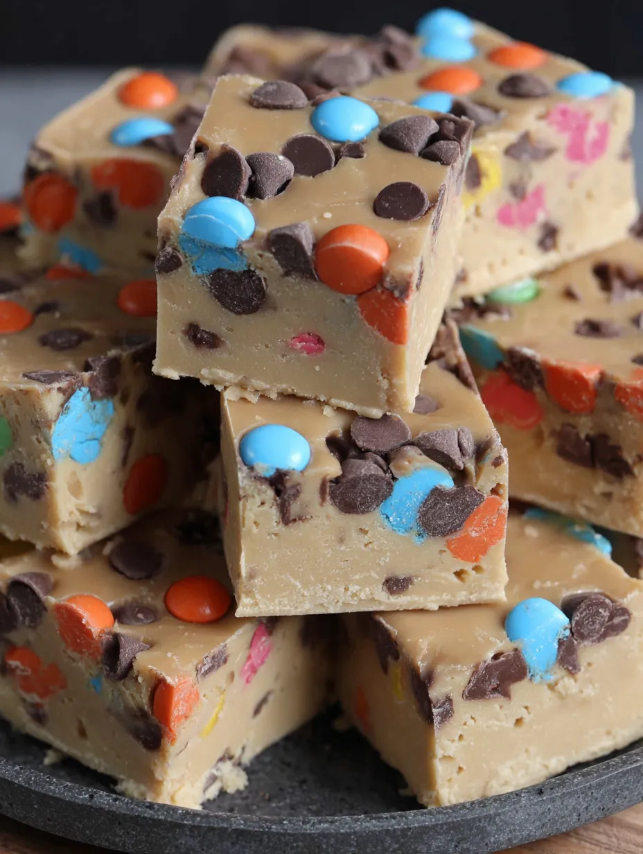 No-bake cookie dough bites with chocolate chips and M&amp;M's.