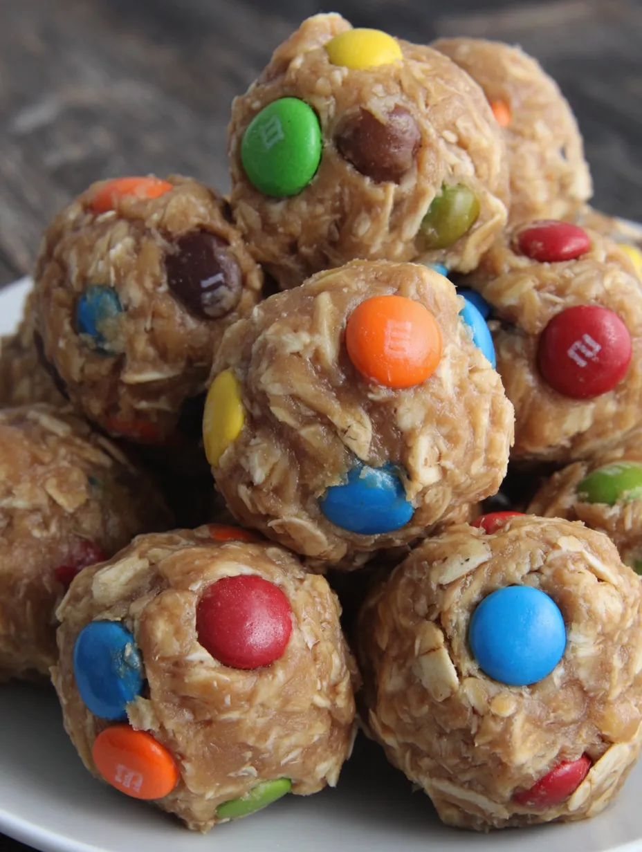 A stack of no-bake energy bites with M&M's.