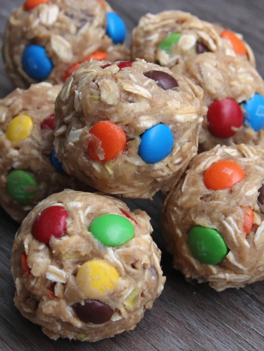 A group of no-bake energy bites with different colored candies.