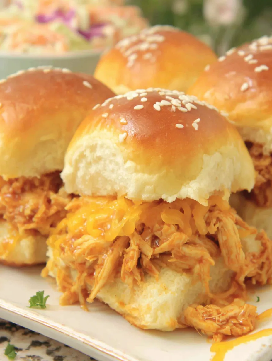 Four BBQ chicken sliders on a plate.