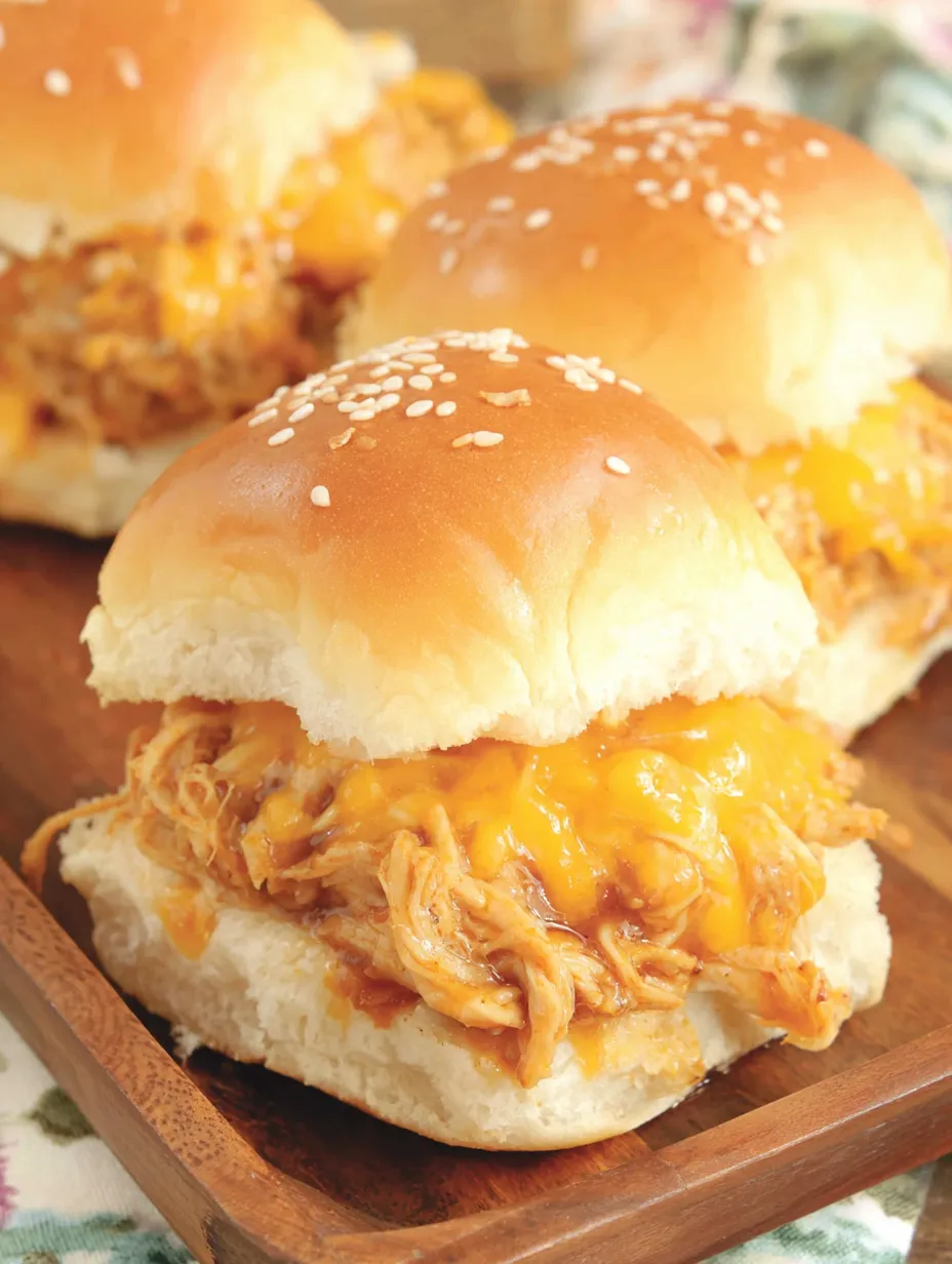 Three BBQ chicken sliders on a wooden board.