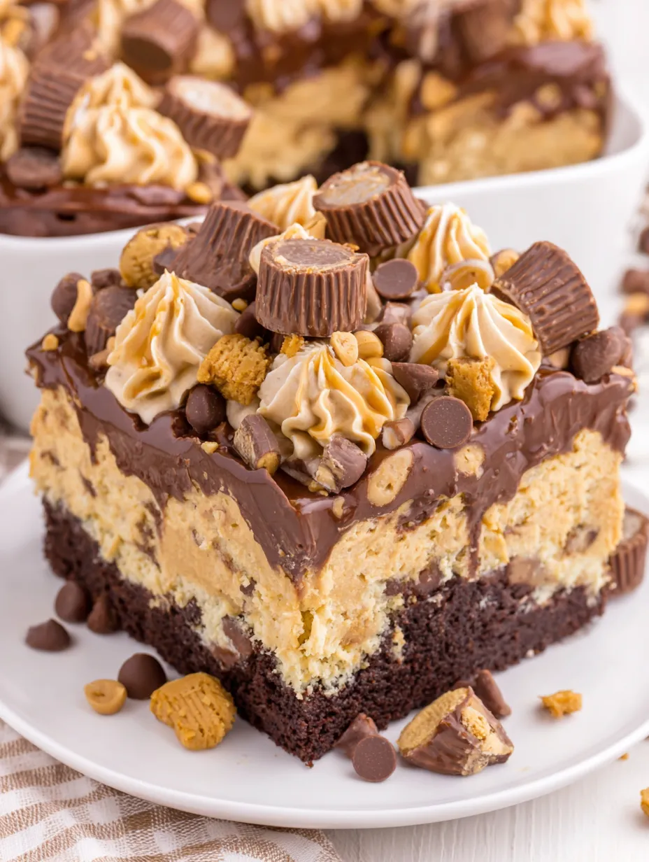 A slice of peanut butter poke cake.