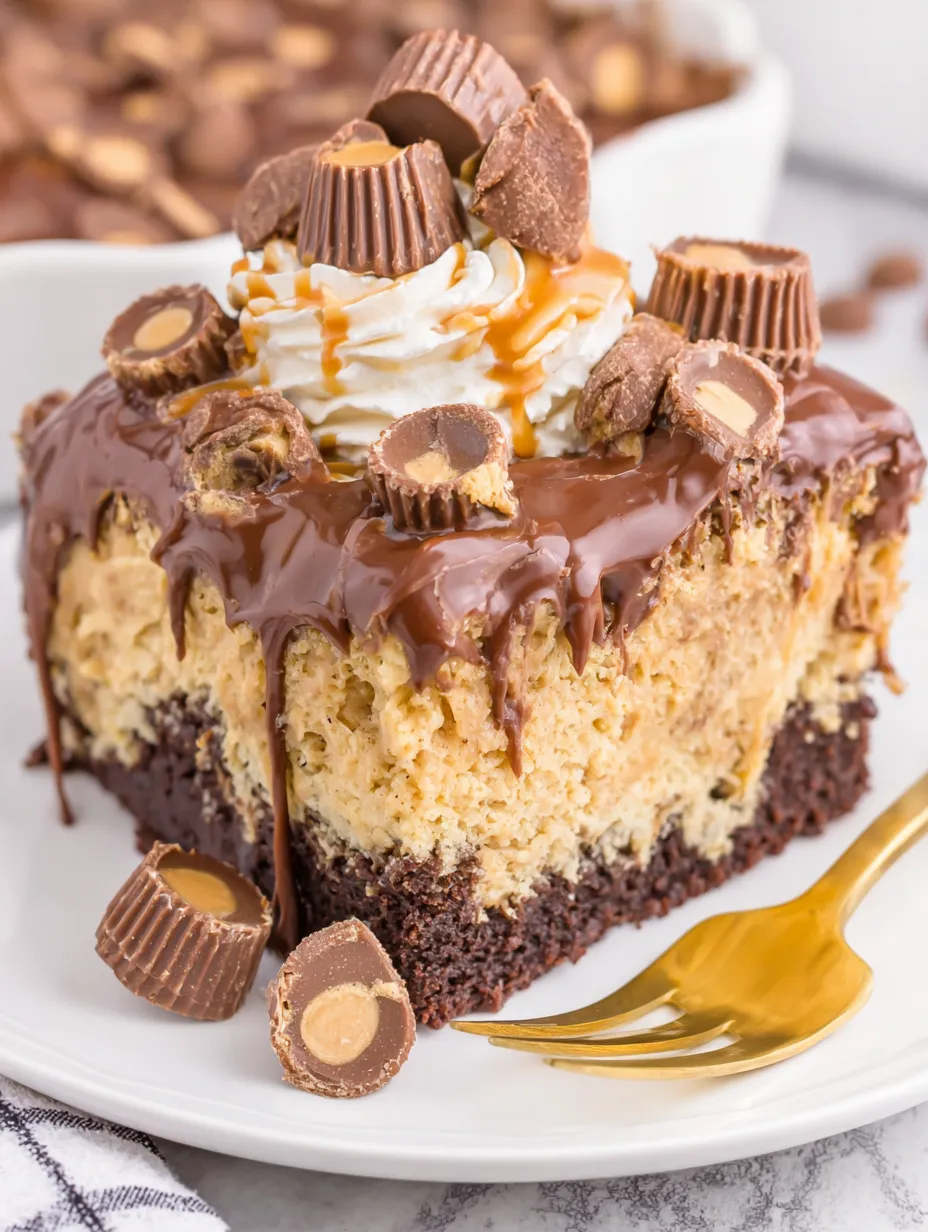 A slice of peanut butter poke cake.