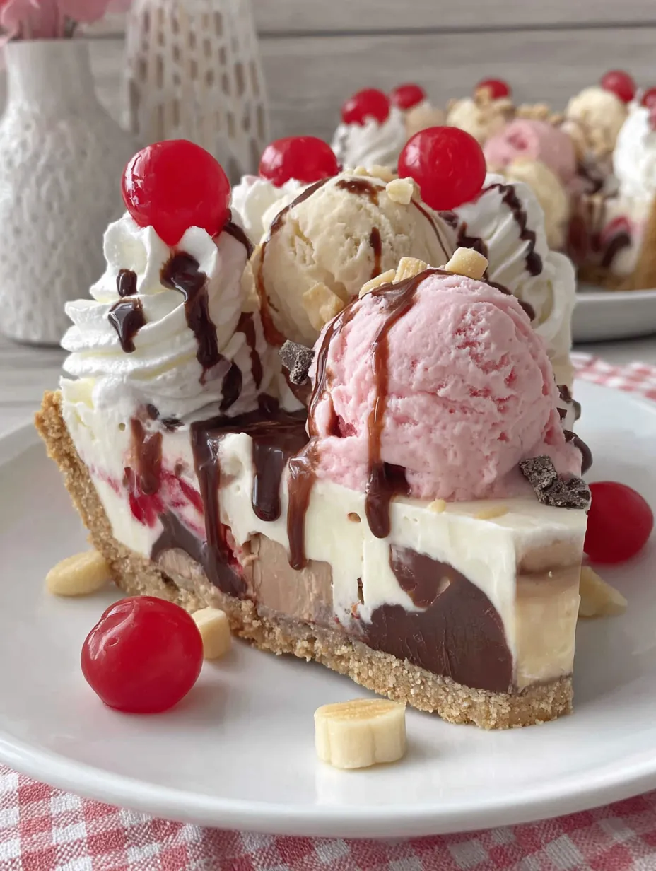 A slice of Banana Split No-Bake Pie.